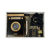 Islamitische cadeauset met Koran, tasbih en gebedskleed in zwart en goud